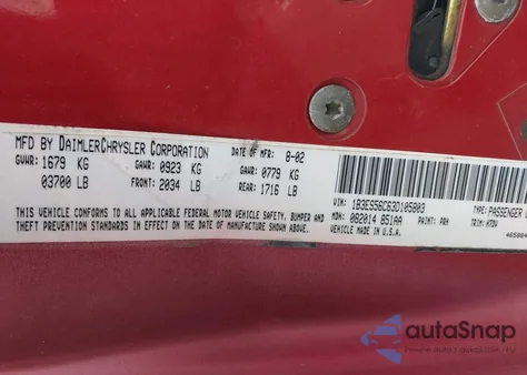 2003 Dodge Neon Sxt z USA, uszkodzony, nr VIN 1B3ES56C63D105803